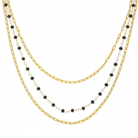 Χειροποίητο τριπλό κολιέ, αλυσίδα με κρικάκια, ροζάριο με περλίτσες και μαύρες πέτρες, από επιχρυσωμένο  ανοξείδωτο ατσάλι (δεν μαυρίζει),  της Excite Fashion Jewellery. K-1755-01-06-8