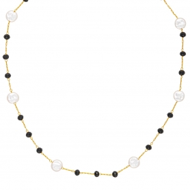 Χειροποίητο κολιέ, με μαύρες πέτρες και πλακέ πέρλες, από επιχρυσωμένο  ανοξείδωτο ατσάλι (δεν μαυρίζει), της Excite Fashion Jewellery. K-1760-01-06-6