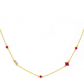 Κομψό κολιέ  Excite fashion Jewellery, με τετράγωνα και στρογγυλά κόκκινα ζιργκόν από επιχρυσμένο ασήμι 925. K-6-2-G-14