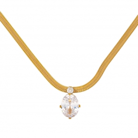 Κολιέ απο επιχρυσωμένο ανοξείδωτο ατσάλι, αλυσίδα φίδι με λευκό οβάλ κρύσταλλο, της Excite Fashion Jewellery. N011-G-65