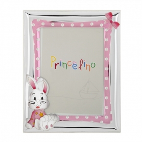 Prince Silvero Ασημένια Παιδική Κορνίζα Κουνελάκι Ροζ 9 x 13cm MA/271D-R