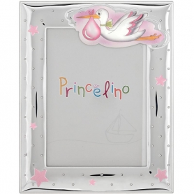 Prince Silvero Ασημένια Παιδική Κορνίζα Πελαργός Ροζ 13x18cm MA/270B-R
