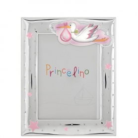 Prince Silvero Ασημένια Παιδική Κορνίζα Πελαργός Ροζ 9 x 13cm MA/270D-R