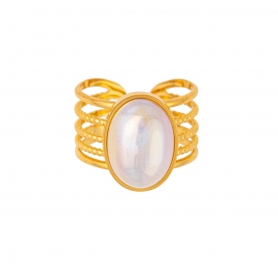 Φαρδύ διάτρητο δαχτυλίδι, με οβάλ πέρλα, από επιχρυσωμένο ανοξείδωτο ατσάλι, της Excite Fashion Jewellery. R-2304006-G-6