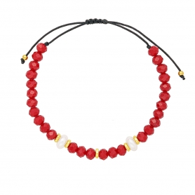 Χειροποίητο βραχιόλι με κόκκινες χάνδρες, περλίτσες και χρυσές ροδέλες από την Excite Fashion Jewellery. B-1430-05-11-49