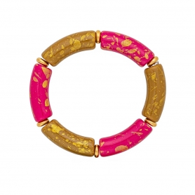 Χειροποίητο φαρδύ δίχρωμο βραχιόλι της Excite Fashion Jewellery λαδί - φούξια με χρυσές λεπτομέρειες  και χρυσές χάντρες. B-1733-01-0506-7