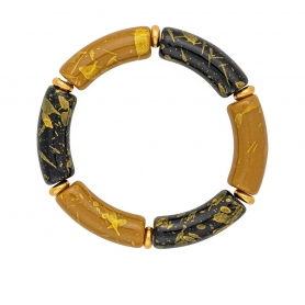 Χειροποίητο φαρδύ δίχρωμο βραχιόλι της Excite Fashion Jewellery λαδί - μαύρο με χρυσές λεπτομέρειες  και χρυσές χάντρες. B-1733-01-0511-7
