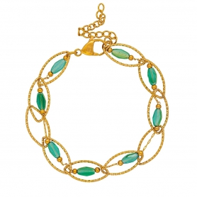 Χειροποίητο διπλό βραχιόλι με γυάλινες πράσινες οβάλ πέτρες, και οβάλ επίχρυση αλυσίδα από ανοξείδωτο ατσάλι, της Excite Fashion Jewellery. B-1735-01-18-6