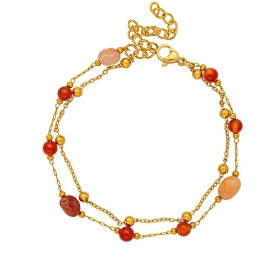 Χειροποίητο διπλό βραχιόλι από επίχρυσο ανοξείδωτο ατσάλι  με πορτοκαλί ημιπολύτιμες πέτρες,  της Excite Fashion Jewellery. B-1740-01-35-6