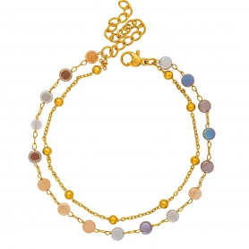 Χειροποίητο διπλό βραχιόλι από επιχρυσωμένο ανοξείδωτο ατσάλι, με πλακέ περλέ πέτρες, και αλυσίδα με χρυσές χάντρες, της Excite Fashion Jewellery. B-1745-01-02-5