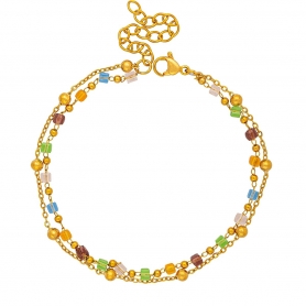 Χειροποίητο διπλό βραχιόλι από επιχρυσωμένο ανοξείδωτο ατσάλι, με πολύχρωμες πέτρες, και αλυσίδα με χρυσές χάντρες, της Excite Fashion Jewellery. B-1745-01-05-5