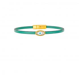 Χειροποίητο δερμάτινο βραχιόλι  με λεπτό πράσινο λουράκι, επίχρυσο ματάκι με σμάλτο και glitter, της Excite Fashion Jewellery. BM-1715-01-08-5