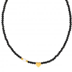 Κολιέ χειροποίητο, επίχρυση καρδιά με μαργαριτάρι και μαύρες χάνδρες, της Excite Fashion Jewellery. K-1425-07-10-77