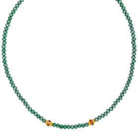 Κολιέ χειροποίητο, με πράσινες χάνδρες και επίχρυσες ροδέλες με πολύχρωμα κρυσταλλάκια, της Excite Fashion Jewellery. K-1427-07-14-66