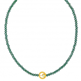 Κολιέ χειροποίητο, επίχρυσο μοτιφ ματάκι με λευκό σμάλτο και πράσινες χάνδρες της Excite Fashion Jewellery. K-1432-07-14-66