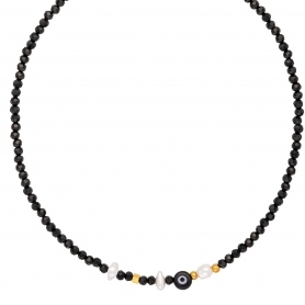 Κολιέ χειροποίητο, με μαύρες γυάλινες χάνδρες, ματάκι, περλίτσα και επίχρυσα στοιχεία, της Excite Fashion Jewellery. K-1435-07-10-6
