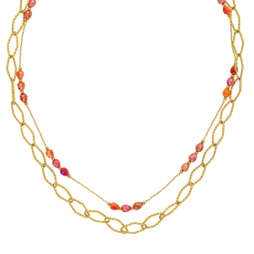 Χειροποίητο διπλό κολιέ  από επιχρυσωμένο  ανοξείδωτο ατσάλι (δεν μαυρίζει),  αλυσίδα με οβάλ διαμανταρισμένους κρίκους και πορτοκαλί - κόκκινα κρυσταλλάκια της Excite Fashion Jewellery. K-1746-01-01-105