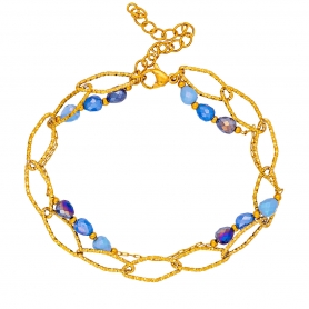 Χειροποίητο διπλό βραχιόλι της Excite Fashion Jewellery, με διαμανταρισμένη οβάλ αλυσίδα και γαλάζια κρυσταλλάκια, από επιχρυσωμένο ανοξείδωτο ατσάλι.