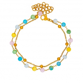 Χειροποίητο διπλό βραχιόλι της Excite Fashion Jewellery, πλακέ πολύχρωμες πέτρες, και αλυσίδα με dots από επιχρυσωμένο ανοξείδωτο ατσάλι. B-1745-01-16