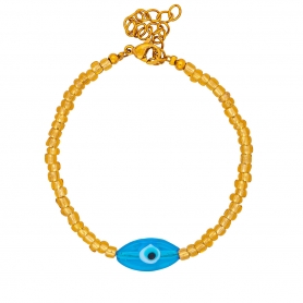 Χειροποίητο  βραχιόλι της Excite Fashion Jewellery, οβάλ γυάλινο γαλάζιο μάτι και χρυσές χάντρες, από επιχρυσωμένο ανοξείδωτο ατσάλι. B-1766-07