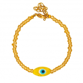 Χειροποίητο  βραχιόλι της Excite Fashion Jewellery, οβάλ γυάλινο κίτρινο μάτι και χρυσές χάντρες, από επιχρυσωμένο ανοξείδωτο ατσάλι. B-1766-16