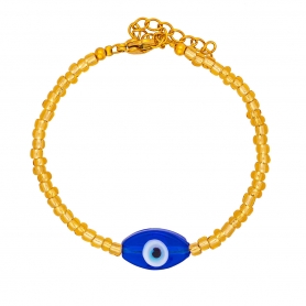 Χειροποίητο  βραχιόλι της Excite Fashion Jewellery, οβάλ μπλέ γυάλινο μάτι και χρυσές χάντρες, από επιχρυσωμένο ανοξείδωτο ατσάλι. B-1766-21