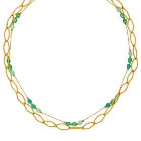Διπλό κολιέ της Excite Fashion Jewellery, οβάλ ανάγλυφη αλυσίδα, λεπτή αλυσίδα με πράσινα κρυσταλλάκια, από επιχρυσωμένο ανοξείδωτο ατσάλι. K-1746-01-08