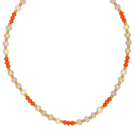Κολιέ από επιχρυσωμένο ανοξείδωτο ατσάλι, με πορτοκαλί και διάφανες γυάλινες χάντρες, περλίτσες και χρυσές χάντρες, της Excite Fashion Jewellery.  N-097A-ORANGE-69