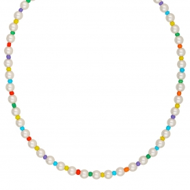 Κολιέ από επιχρυσωμένο ανοξείδωτο ατσάλι, με πέρλες και πολύχρωμες χάντρες της Excite Fashion Jewellery.  N-1801A-G-6