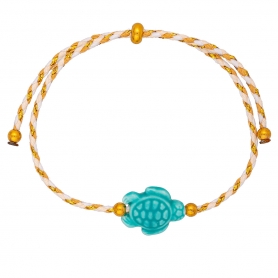 Χειροποίητο βραχιόλι της Excite Fashion Jewellery, χρωματιστό κορδόνι, τιρκουάζ χελωνάκι και χρυσές μπίλιες. B-1773-05