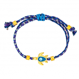 Χειροποίητο βραχιόλι μακραμέ  της Excite Fashion Jewellery, multi μπλε κορδόνι, επίχρυσο χελωνάκι με μπλέ σμάλτο και ματάκι. B-1778-21
