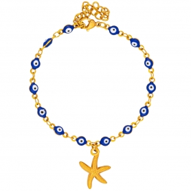 Βραχιόλι της Excite Fashion Jewellery, μπλέ ματάκια, κρεμαστός αστερίας επίχρυση αλυσίδα  από ανοξείδωτο ατσάλι. B-1795-21