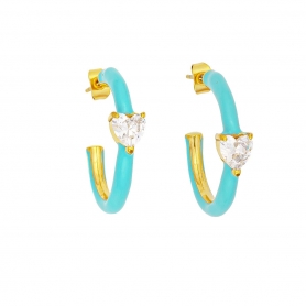Τιρκουάζ κρίκοι με σμάλτο, καρδιά με λευκό κρύσταλλο, από ανοξείδωτο επιχρυσωμένο ατσάλι, της Excite Fashion Jewellery. E-1205A-BLUE-65