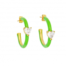 Πράσινοι κρίκοι με σμάλτο, καρδιά με λευκό κρύσταλλο, από ανοξείδωτο επιχρυσωμένο ατσάλι, της Excite Fashion Jewellery. E-1205A-GREEN-65