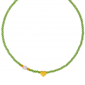 Χειροποίητο κολιέ, επίχρυση καρδιά με μαργαριτάρι και πράσινες γυάλινες χάνδρες, της Excite Fashion Jewellery.  K-1425-07-04-77