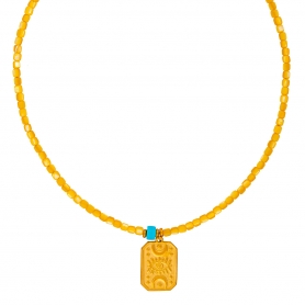 Χειροποίητο κοντό κολιέ, με κίτρινες χάντρες, τιρκουάζ, και κρεμαστό μοτίφ ματάκι, από επιχρυσωμένο ανοξείδωτο ατσάλι (δεν μαυρίζει), της Excite Fashion Jewellery. K-1779-16