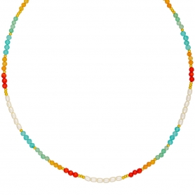 Kολιέ με πέρλες και χάντρες, κόκκινες, τιρκουάζ, βεραμάν, μελί, και χρυσό, από επιχρυσωμένο ανοξείδωτο ατσάλι της  Excite fashion jewellery. N-1056-89