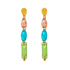 Κρεμαστά σκουλαρίκια, επίχρυση σταγόνα με nude, γαλάζια και πράσινα κρυσταλλάκια, από ανοξείδωτο ατσάλι της Εxcite Fashion Jewellery. S-1764-08  