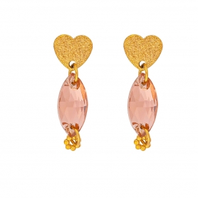 Κρεμαστά σκουλαρίκια,  επίχρυση καρδιά, nude οβάλ κρυσταλλάκι, ανάγλυφη ροδέλα από ανοξείδωτο ατσάλι της Εxcite Fashion Jewellery.  S-1766-07