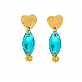 Κρεμαστά σκουλαρίκια,  επίχρυση καρδιά, γαλάζιο οβάλ κρυσταλλάκι, ανάγλυφη ροδέλα από ανοξείδωτο ατσάλι της Εxcite Fashion Jewellery. S-1766-11  