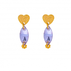 Κρεμαστά σκουλαρίκια,  επίχρυση καρδιά, μωβ οβάλ κρυσταλλάκι, ανάγλυφη ροδέλα από ανοξείδωτο ατσάλι της Εxcite Fashion Jewellery.S-1766-24   