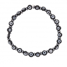 Ανδρικό ελαστικό βραχιόλι της Excite Fashion Jewellery, μαύρα ματάκια και ασημί ροδέλες αιματίτη. BA-12-06