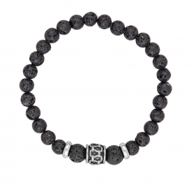 Ανδρικό ελαστικό βραχιόλι της Excite Fashion Jewellery, μαύρες χάντρες λάβας και ανάγλυφο στοιχείο ατσάλι. BA-26-06