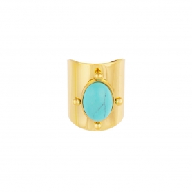 Δαχτυλίδι Excite Fashion Jewellery εντυπωσιακό, με οβάλ τιρκουάζ πέτρα και στρογγυλά μεταλλικά στοιχεία, από  επιχρυσωμένο ανοξείδωτο ατσάλι (δεν μαυρίζει) R-85-44-G