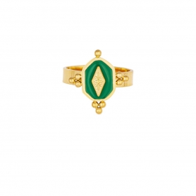Δαχτυλίδι Excite fashion jewellery, με πράσινη πέτρα, επίχρυσο στοιχείο, και dots από  ανοξείδωτο ατσάλι.  R-2109-ENAMEL-6
