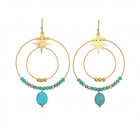 Σκουλαρίκια Excite Fashion Jewellery κρεμαστοί επίχρυσοι κρίκοι  με  αστεράκι, στολισμένοι με τυρκουάζ και επίχρυσες πέτρες. E-16H05-BLUE-65