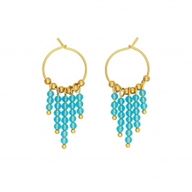 Σκουλαρίκια Excite Fashion Jewellery, κρίκοι από επίχρυσο ατσάλι με κρεμαστές ασύμετρες γαλάζιες και επίχρυσες χάντρες S-1614-01-14-8