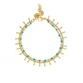 Βραχιόλι διπλό Excite Fashion Jewellery από ατσάλι με μπλέ ρουά ροζάριο  και επίχρυση αλυσίδα με μπάρες. B-1618-01-07-5