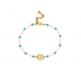 Βραχιόλι Excite fashion Jewellery ροζάριο με πράσινες πέτρες, επίχρυσο ματάκι και επίχρυση αλυσίδα  από ατσάλι. B-1610-01-08-47