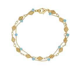 Βραχιόλι διπλό Excite fashion Jewellery από  ατσάλι με επίχρυση αλυσίδα και ροζάριο με γαλάζιες χάντρες. B-1186-01-30-5